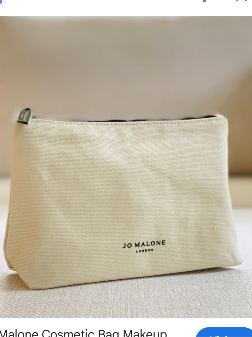 Jo Malone Cream Canvas Pouch with Black Zip new